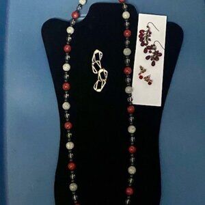 Costume jewelry in gray, black and red.  Necklace signed MONET